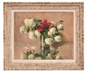 ALTE GEMÄLDE MIT ROSA ROSEN UND SCHNEEBALLHORTENSIEN, STILLLEBEN, ÖL AUF LEINWAND, XX. JAHRHUNDERT (QF677)